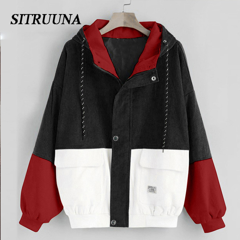 

Sitruuna Long Sleeve Corduroy Women jacket Spring Jacket plus size S-3XL Zipper female coat Seven color block Patchwork Outwears, A grey