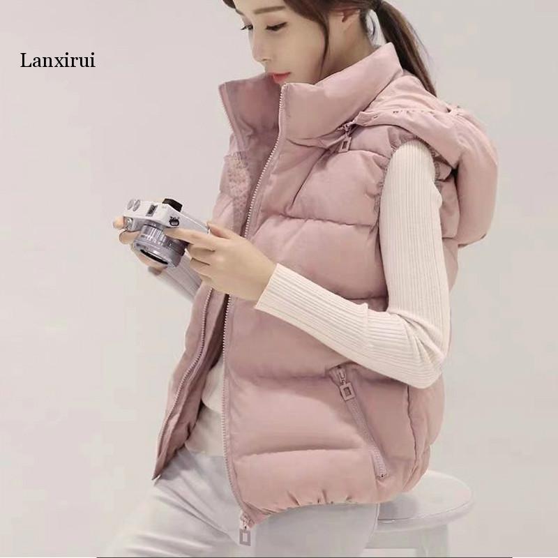 

Women Hooded Vest New Winter Autum Female Warm Solid Thick Cotton Casual Waistcoat Plus Size Jacket with Removable Hat, Pink vest