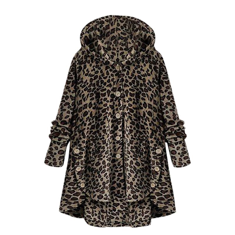 

long jacket women winter autumn Button Leopard Coat Fleece Asymmetrical Hem Hooded loose overcoat d90910, Bw