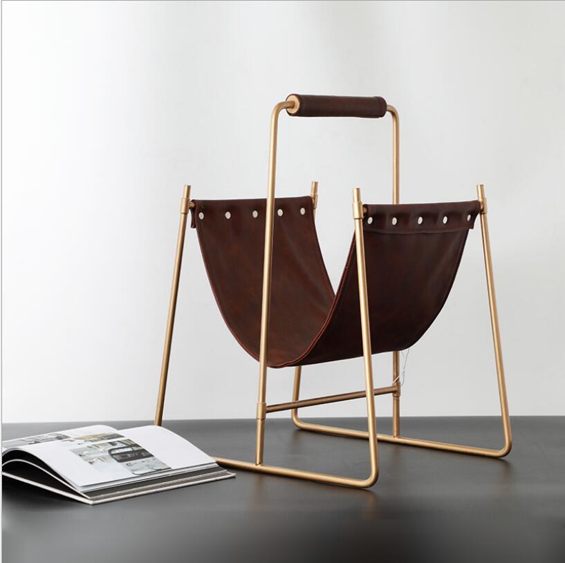 Light luxury model room Storage Holders hotel club soft iron brown leather magazine shelf post modern European home furnishings-image-547912291