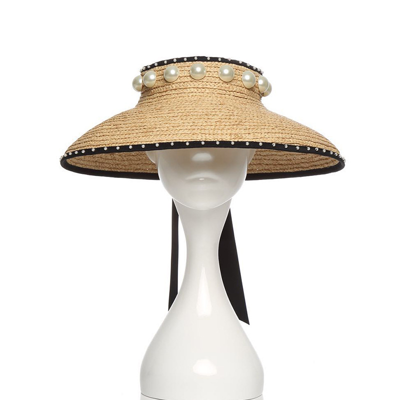 

Wide Brim Hats Summer Paper Large Pearl Ribbon Beach Hat Sun For Women, Beige
