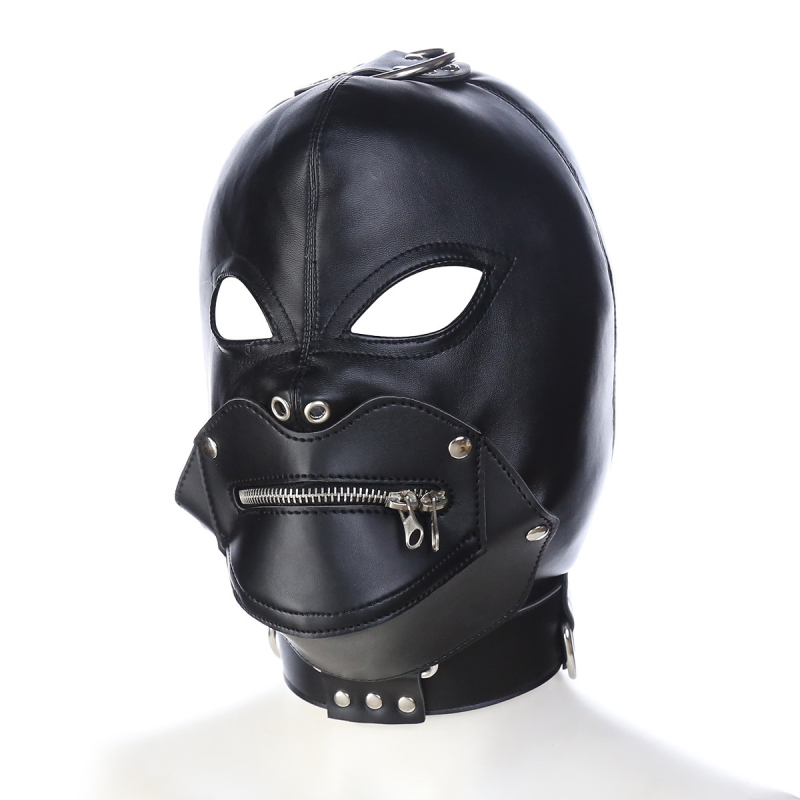 Cappuccio bondage sadomaso maschera con benda e BLOCCAGGIO BOCCA ZIP