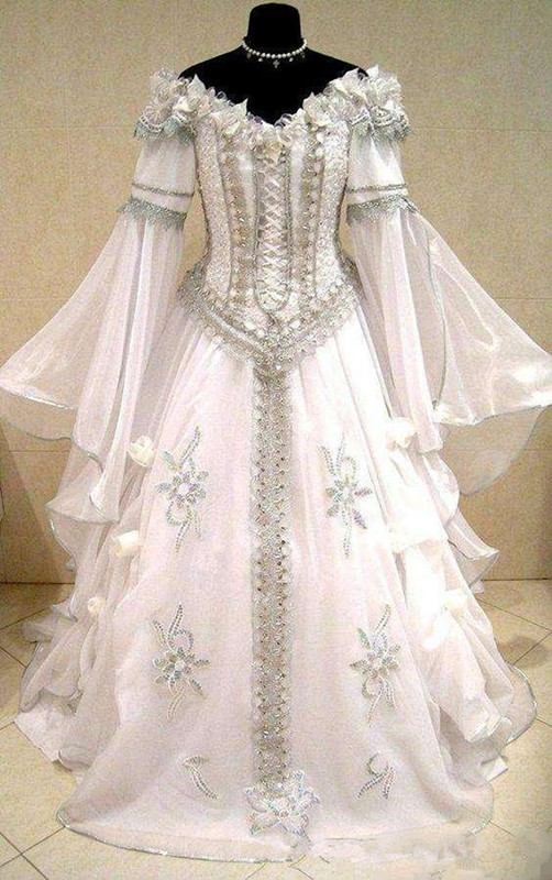 

2020 Medieval Wedding Dresses Witch Celtic Tudor Renaissance Costume Victorian Gothic Off The Shoulder Long Sleeve Wedding Bridal 239M, Same as image