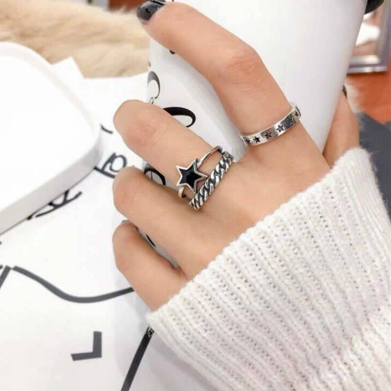 

Cluster Rings S925 Sterling Thai Silver 925 Original Lover Open Ended Freely Resizable Hollow Pentagram Star Charm Retro Ring