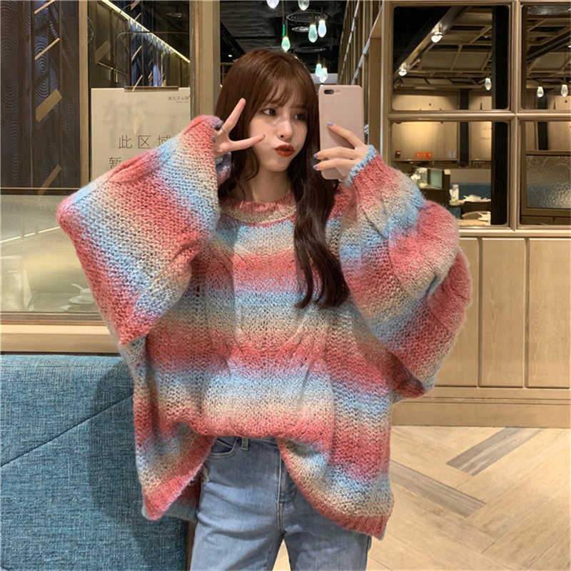 

Big Women Fashion Plus Size 4XL Colorful Sweater O Neck Rainbow Loose Casual Knit Pullover Tops Oversized Sweaters Knitwear, Multi