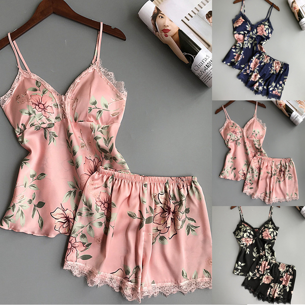 

Women Lace Silk Nightdress Pajamas Sets Sleepwear Sexy V Neck Floral Printed Shorts Lingerie Ladies Pajama Nightgown Night Suit