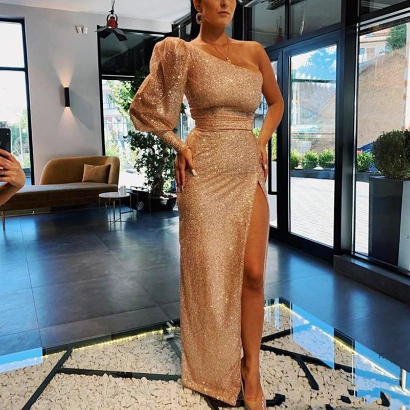 

Rose Gold Sequined One Shoulder Prom Dresses Long Sleeves High Side Split Evening Dress Floor Length Party Gowns vestidos de fiesta, Dark navy