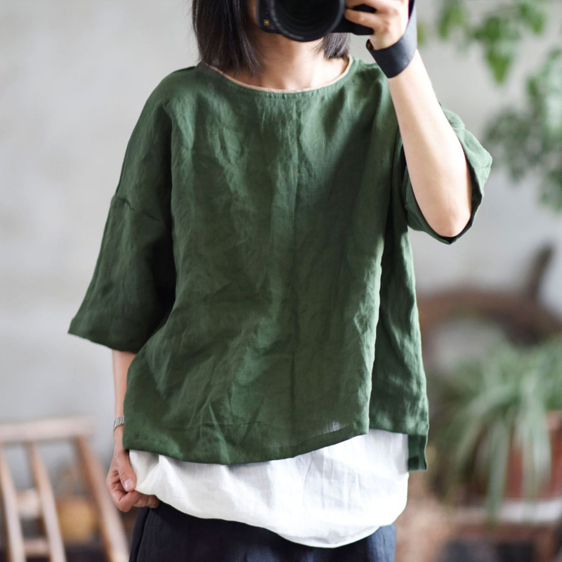 

Johnature Women Vintage T-Shirts Original Solid Color Linen Spring Female Clothing 2020 New O-Neck Half Sleeve Loose T-Shirts, Green