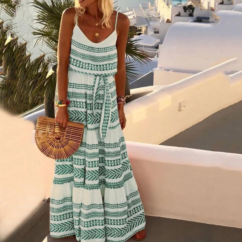 

Casual Women Beach Dresses Summer 2020 Boho Geometric Patterns Loose Long Party Dress Sexy Strap Ladies Maxi Dress Vestidos, Green