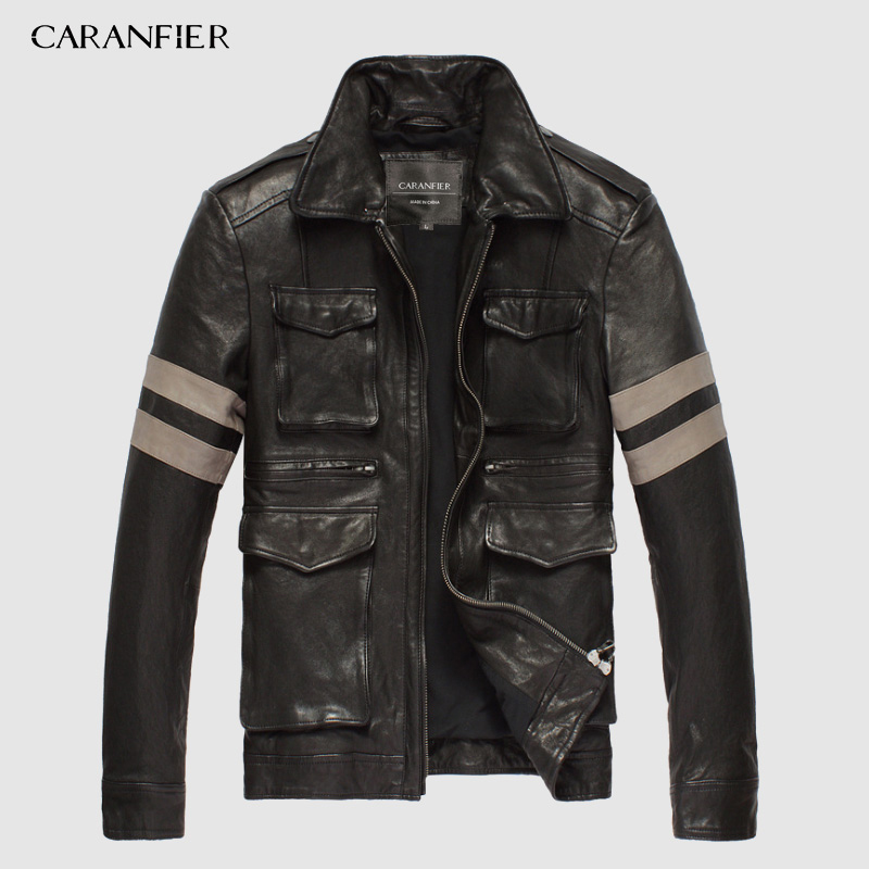 

CARANFEIR Men's Leather Jacket Motorcycle Genuine Leather Coat Real Sheepskin Jackets Men Fashion DHL Free Shipping, Black