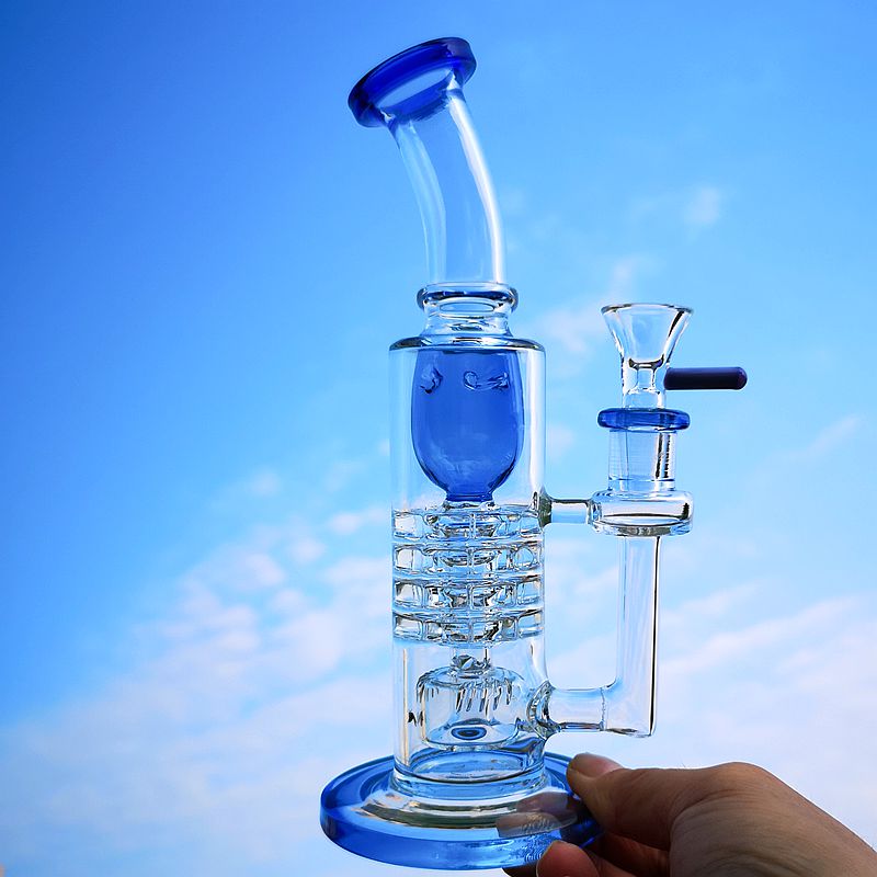 

Unique Hookahs Torus Heady Glass Bongs Green Blue Oil Dab Rigs Ratchet Barrel Perc Water Pipes Inverted Showerhead Percolator With Bowl