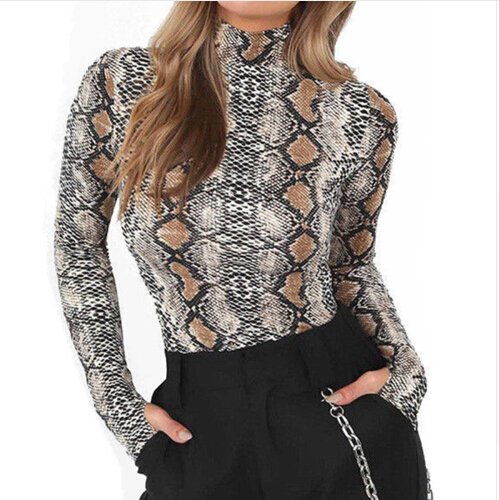 

Fashion Women Skinny Bodysuit Stand Collar Stretchy Girl Jumpsuits Tops Snake Skin Print Long Sleeve Ladies Autumn Bodysuits
