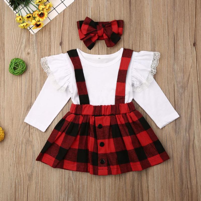 

3Pcs Baby Girls Clothes Sets 2020 Summer Long sleeve Shirt+Strap Dresses+Headband Kids Children's Clothing Suit, Red