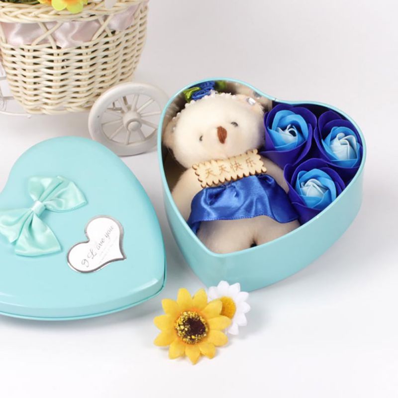 

Scented Rose Flower Petal Heart Shape Gift Box With Bear Bath Body Soap Gift 3Pcs