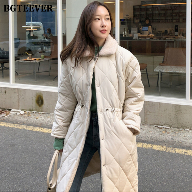 

BGTEEVER Streetwear Turn-down Collar Women Parkas 2019 Female Plaid Down Jacket Cotton Padded Midi Winter Coat Women Outwear, Beige