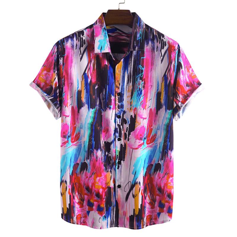 

2020 Hawaiian Shirt Men's Color Graffiti Printed Short Sleeve Shirt Men Beach Korean Clothes