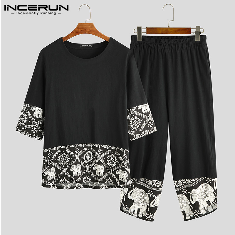 

Chinese Style Men Sets Streetwear Ethnic Printed Half Sleeve Cotton T-shirts Pants Two Pieces Vintage Casual Mens Suit INCERUN, Black