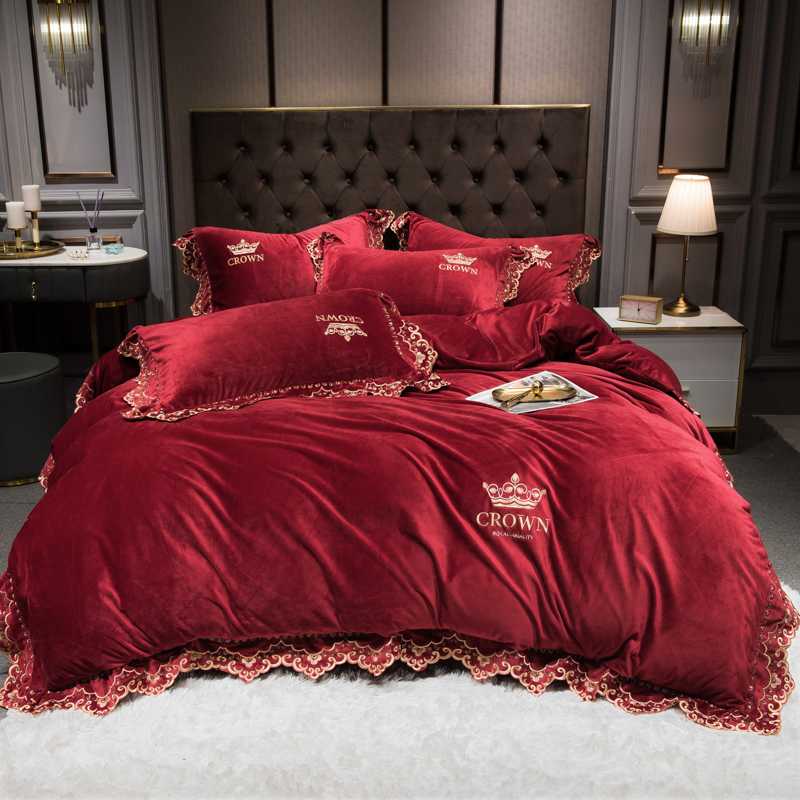 

Red Crown Embroidery Winter Velvet Flannel Fleece Lace Bedding set Duvet Cover Bed Linen Fitted Sheet Pillowcases Queen King