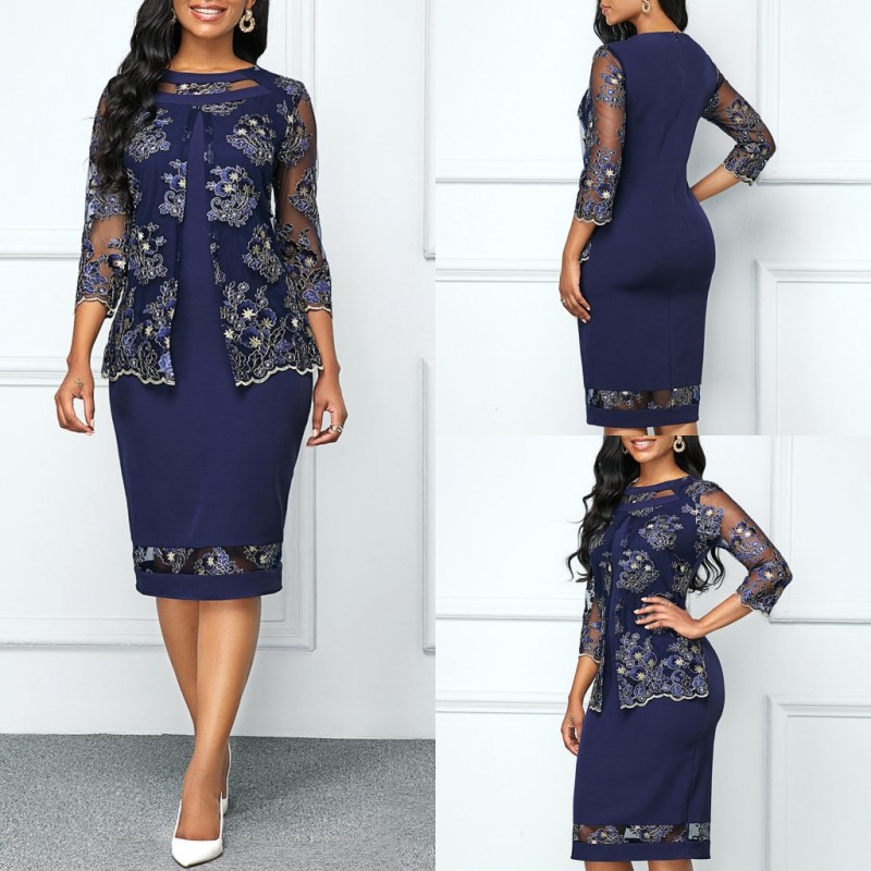 

Royal Sheath Mother of The Bride Dresses Satin Lace Plus Size Applique Jewel Neck Wedding Guest Dress Long Sleeve Tea Length Evening Gowns