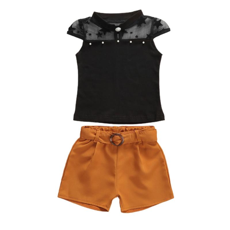 

Summer Baby Girl Clothing Short Sleeve Mesh Top Buttons Star Print T-shirts Khaki High Waist Shorts Party Suit Outfits, As pic