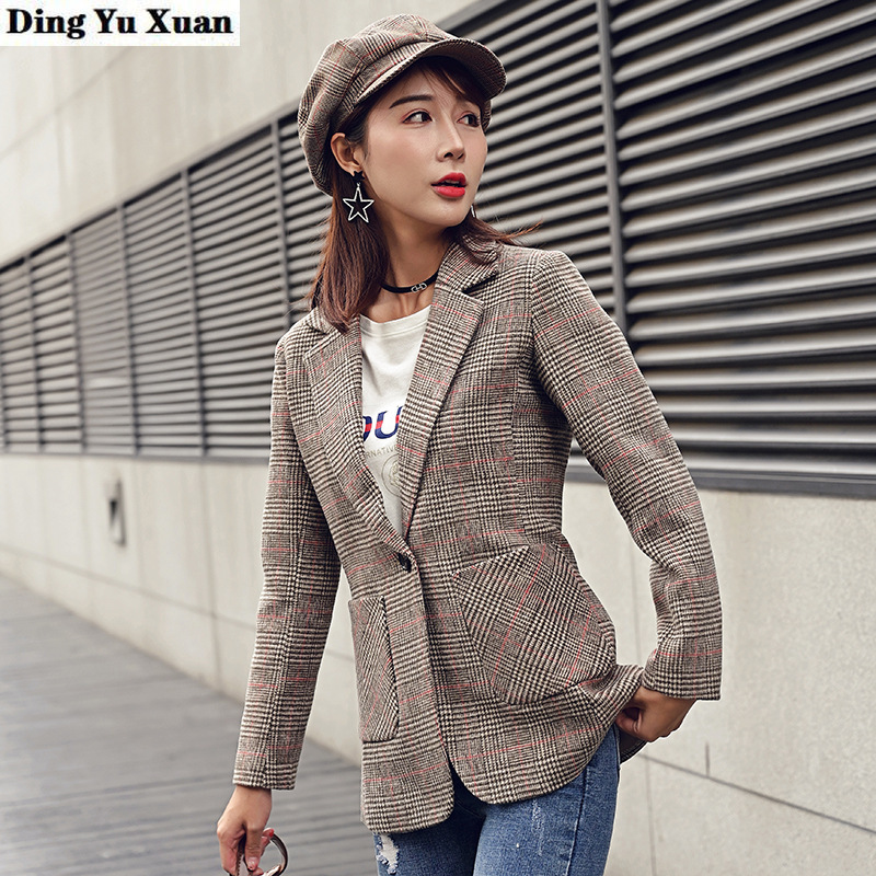 

Stylish Wool Blend Notched Long Sleeve Coat Office Women Autumn Spring Cashmere Suit Jacket Woman Fashion Brown Plaid Blazer