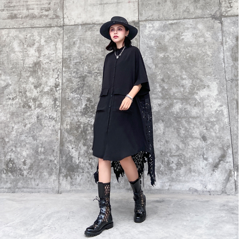 

Women Back Lace Hollow Out Big Size Blouse New Stand Collar Half Sleeve Loose Fit Shirt Fashion Spring Autumn 2020 V804, Black