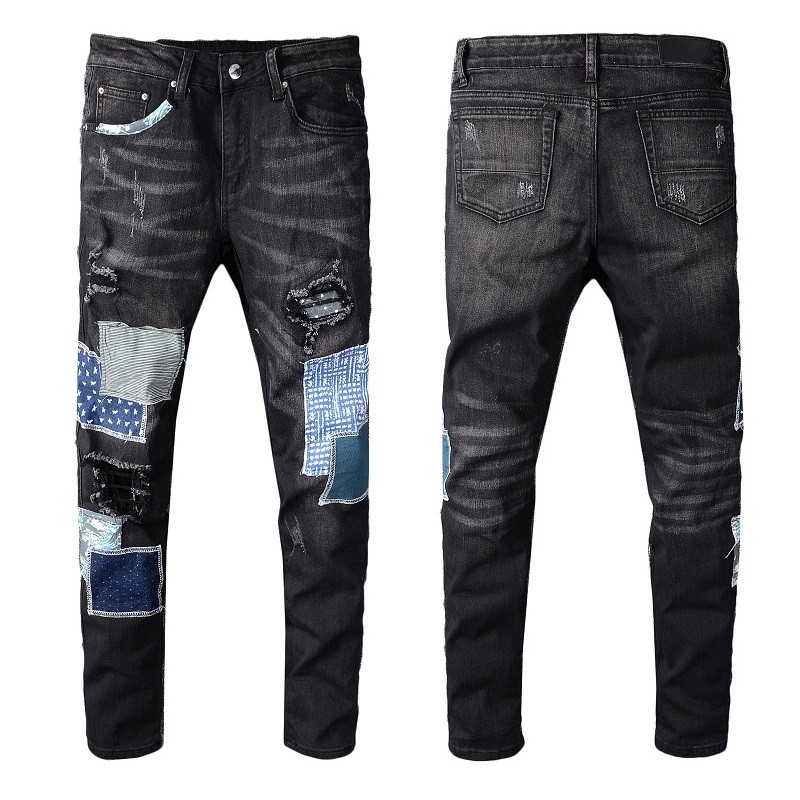 

Men's Distressed Destroyed jeans Patches Moto Skinny Denim Washed black Stretch pants Slim Fashion Trousers Size 28-40 603, Blue