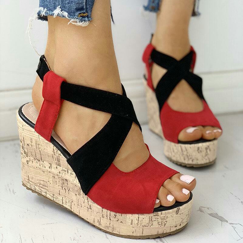 

2020 Summer High Heels Women Sandals Sexy Wedges Open Toe Ladies Shoes Mixed Colors Cross Strap Platform Beach Female Sandals, Green