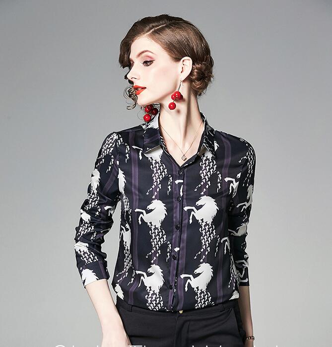 

white Pegasus printing long sleeve black women blouse spring summer shirts Lapel neck fashion ladies shirts
