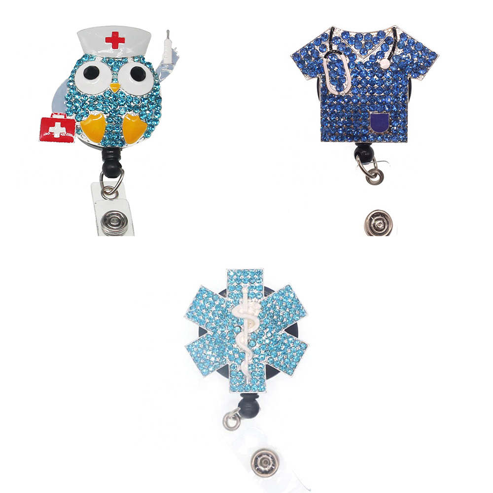

10pcs/lot Key Rings Sparkly Rhinestone Medical Nurse Doctor Symbol Animal Owl Snake Shape Retractable Badge Reel Holder With Alligator Clip ID Name Badge Reels