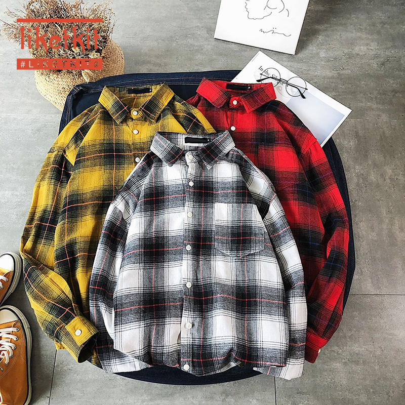 

Liketkit Men's New Casual Plaid Shirts INS 2019 Man Red Black Long Sleeve Shirts Male Harajuku Oversized Top Fashion Streetwear