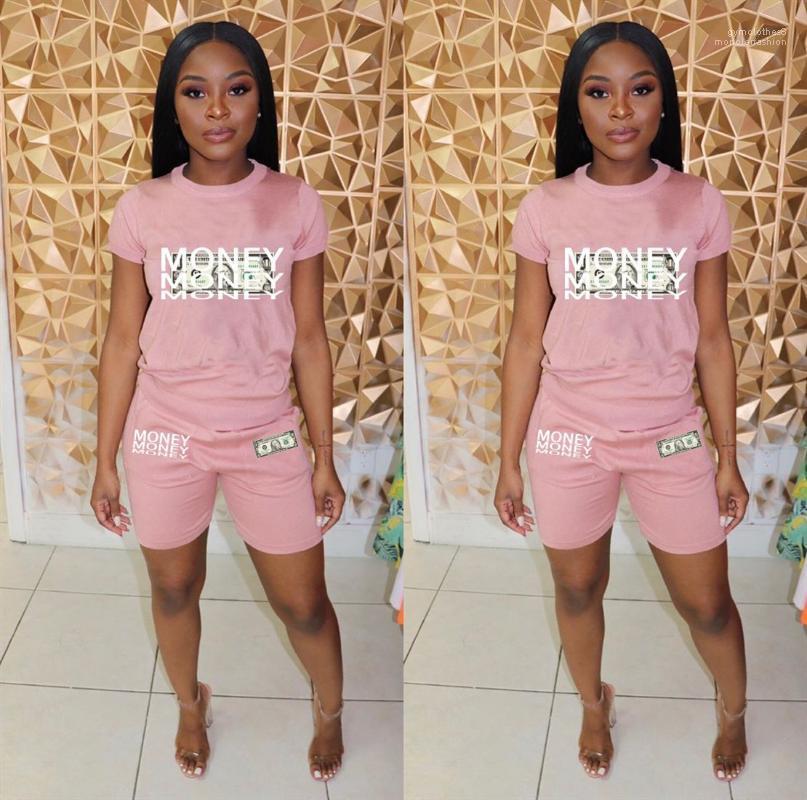 

Crew Neck Short Sleeve Pullover Feamle Tracksuits Fashion Casual Clothing Womens Summer Dollar Print 2Pcs Suits, Pink