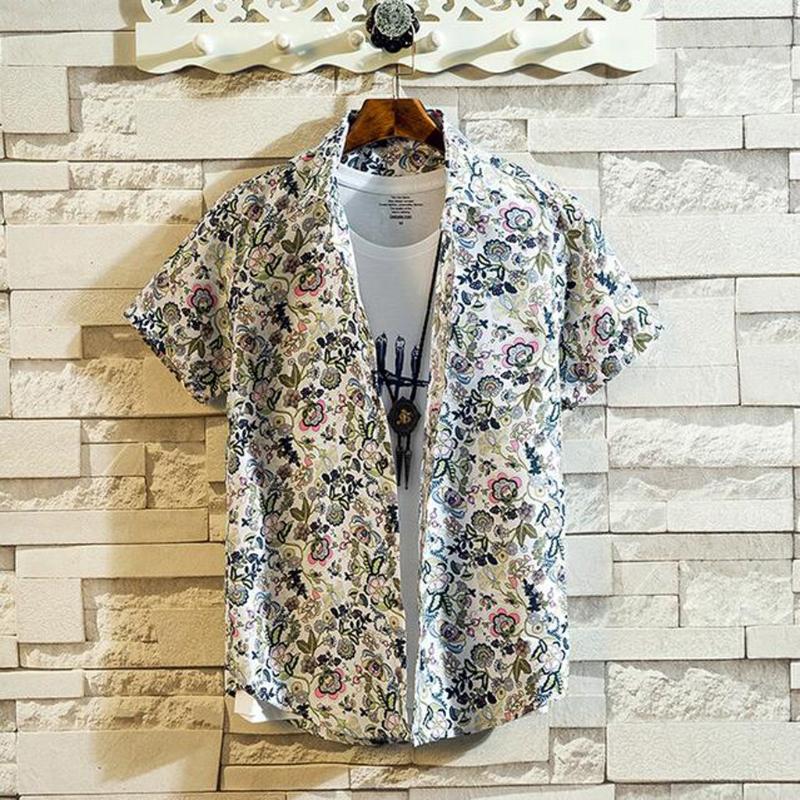 

KANCOOLD Shirt Men's Hawaii Printed Splicing Pattern Casual Fashion Lapel Short Sleeve Loose Camisa Masculina shirts for men, Green