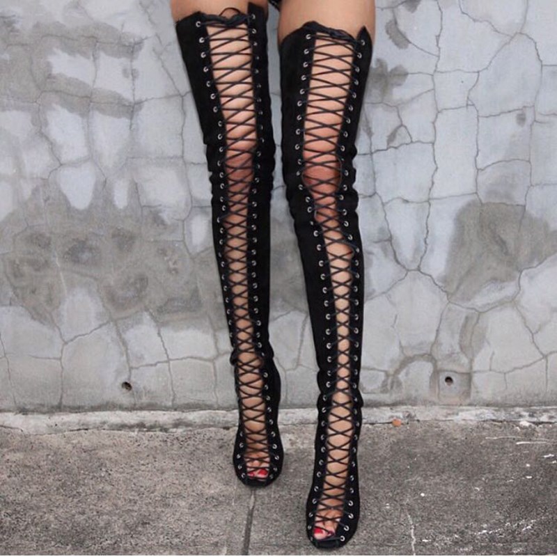 

Hot Sale-Faux Suede Women Long Boots Sexy Over Knee High Thigh High Boots Gladiator Shoes Woman Lace Up Peep Toe Shoes, Blue