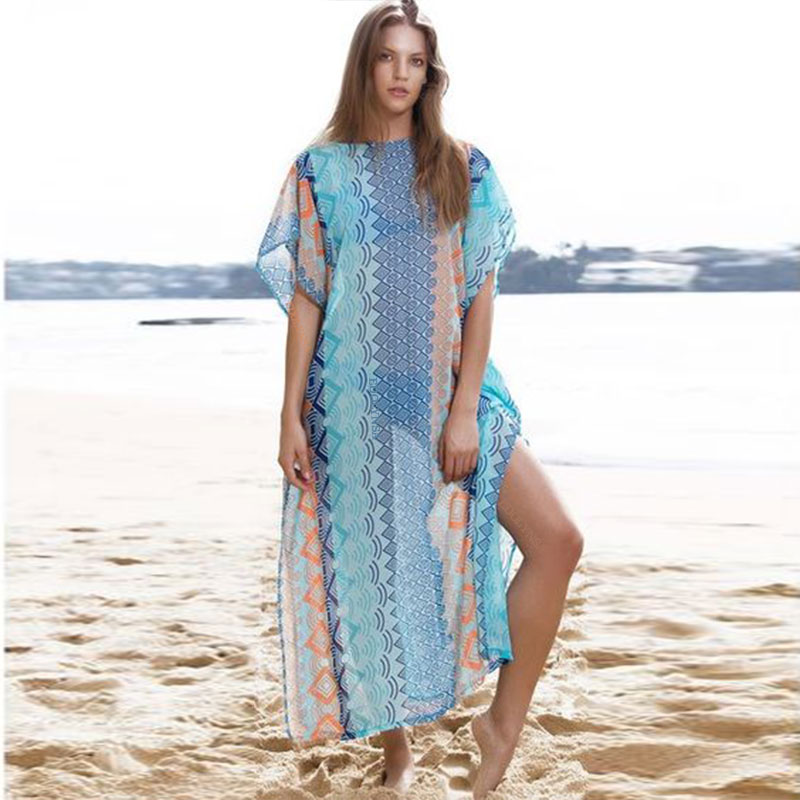 

Bohemian Vertical Printed Kaftan Beach Dress Swimsuit Cover Up Plus Size Women Beachwear Short Sleeve Side Split Midi Dress N8, Blue