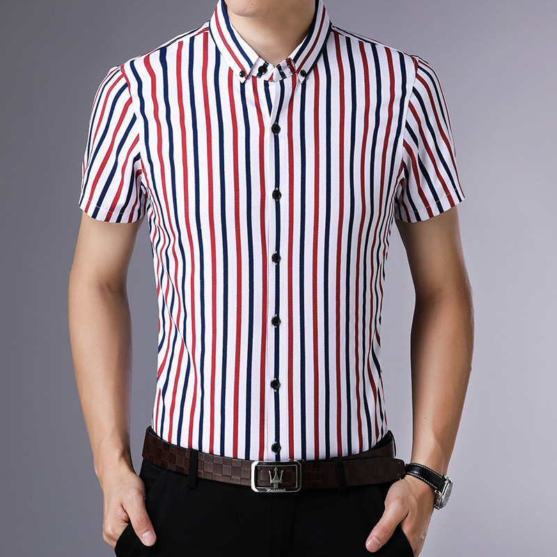 

Short Sleeve Shirt Men Clothes 2019 Summer Mens Shirts Striped Slim Fit Casual Shirt Masculina Camisa Cotton Chemise Homme -XXXL, Red