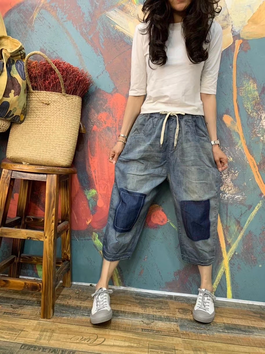 

Dark Blue Female Embroidery Painting Elastic Waist High Waist Jeans Bk4753