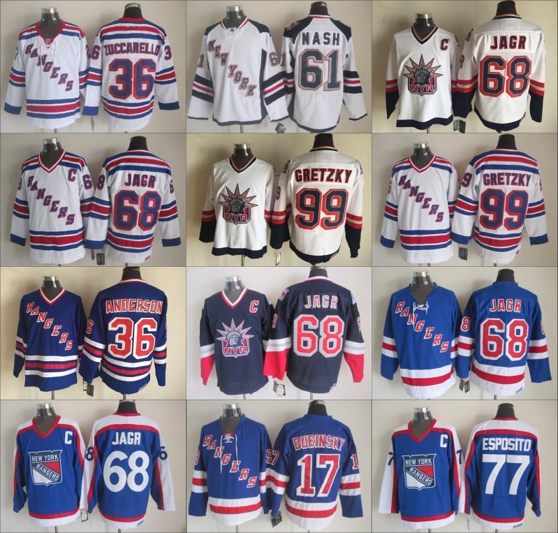 

17 Dubinsky Rangers 99 Wayne Gretzky 68 Jaromir Jagr Jersey New York Vintage 75th 77 Phil Esposito 36 Mats Zuccarello 61 Rick Nash, Men