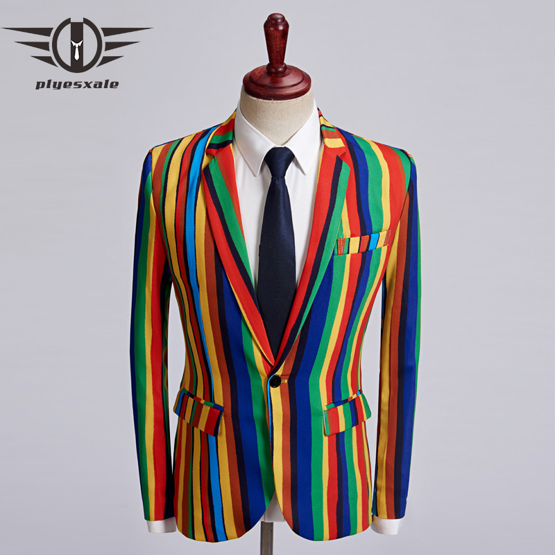 

Plyesxale Print Blazer Men 2018 Autumn Slim Fit Mens Colorful Striped Blazer Jacket High Quality Hip Hop Fancy Man Q472