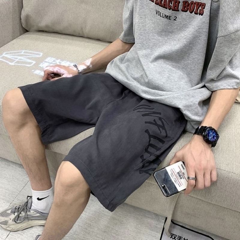 

sports shorts men summer leisure ins Korean version Hong Kong style letter printing students lazy loose five-point pants, Black