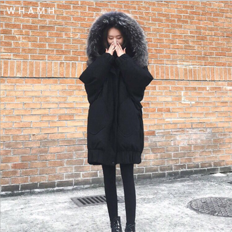 

Large size women' Female Granules Thicken winter coat student Korean version net red thickened long student loose cotton jacket, Black