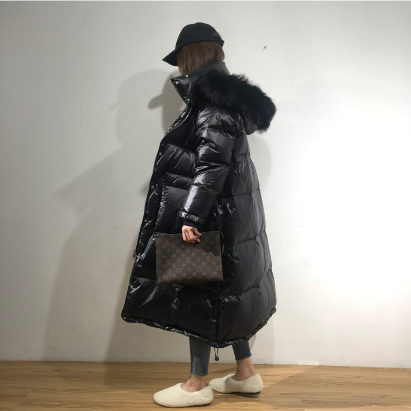 

Black Down Jacket Women 2019 New Winter Warm Coat Long Fur collar Hooded Loose Down Coat Female Outerwear AN102, Beige