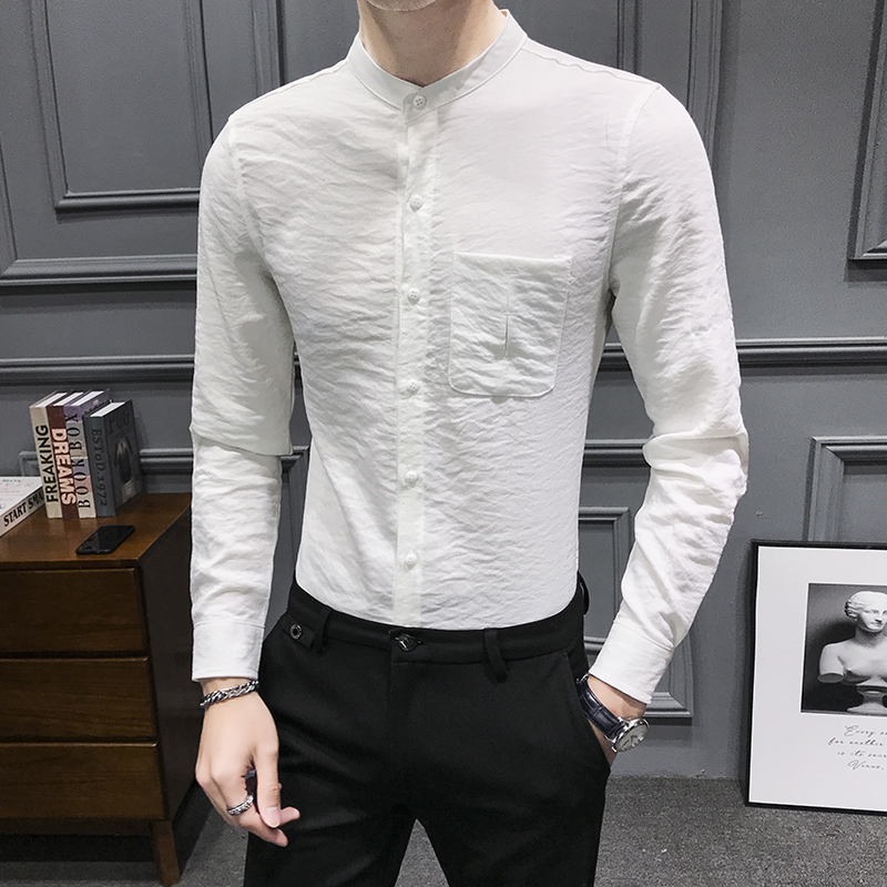 

2020 New Black White Shirt Men Long Sleeve Slim Stand Casual Dress Shirts Mens Formal Business Streetwear Social Shirt Camisa