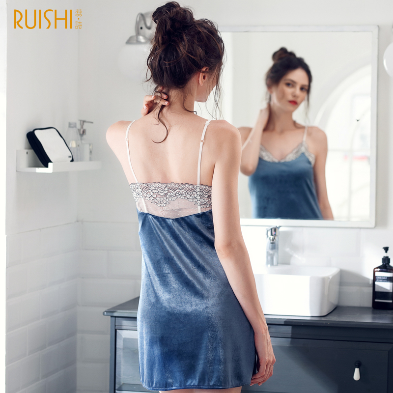 

J&Q 2020 New Women Nightgown Gold Velvet Elegant Cami-Dress Solid V-Neck Spaghetti Strap Classy Lingerie Sexy Negligee Nightgown, 8206