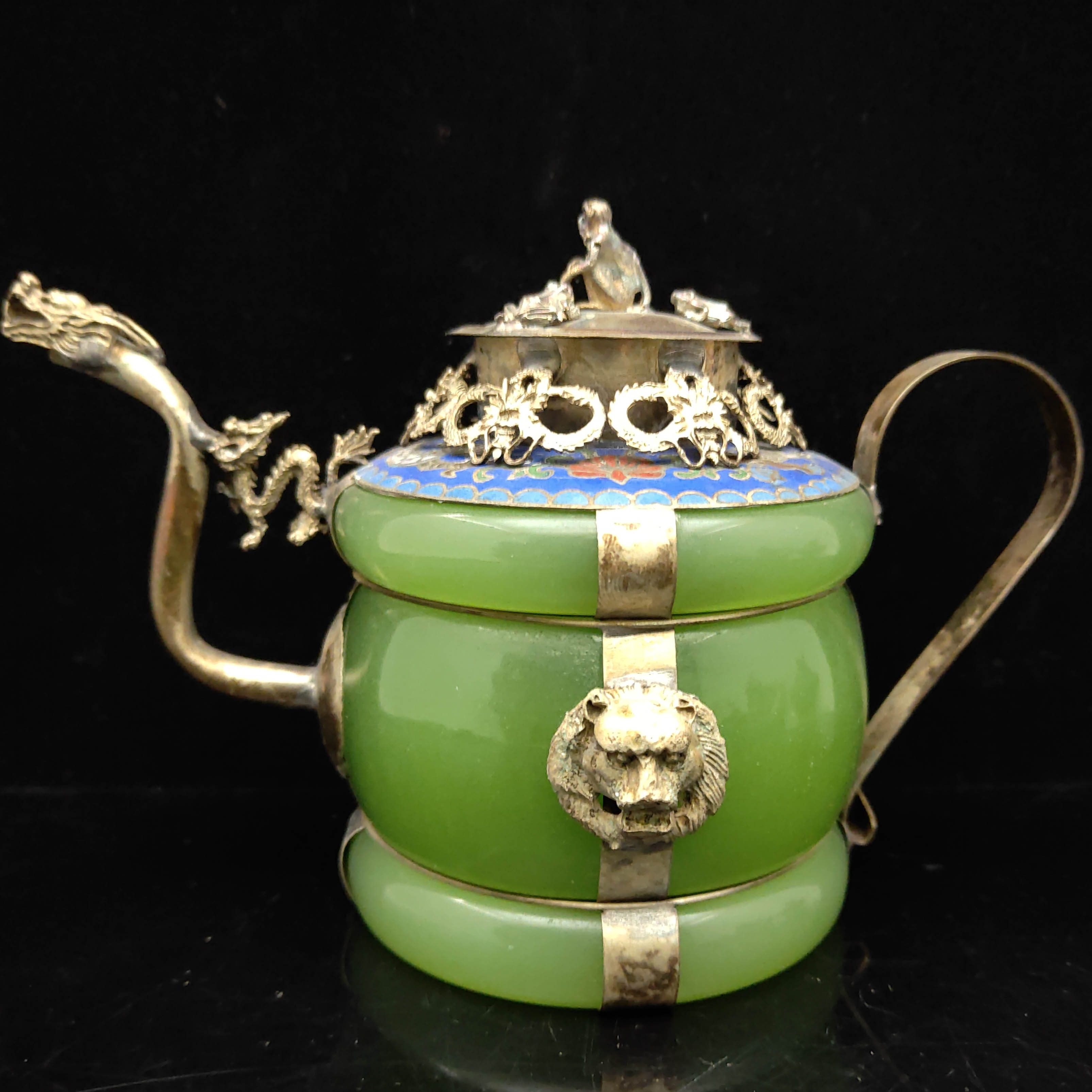 CHINESE TIBET SIVER HANDWORK twelve chinese zodiac signs OLD GREEN JADE TEAPOT