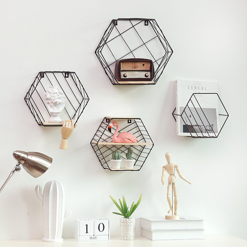 

Iron Hexagonal Grid Wall Shelf Wall Hanging Living Room Bedroom Decoration