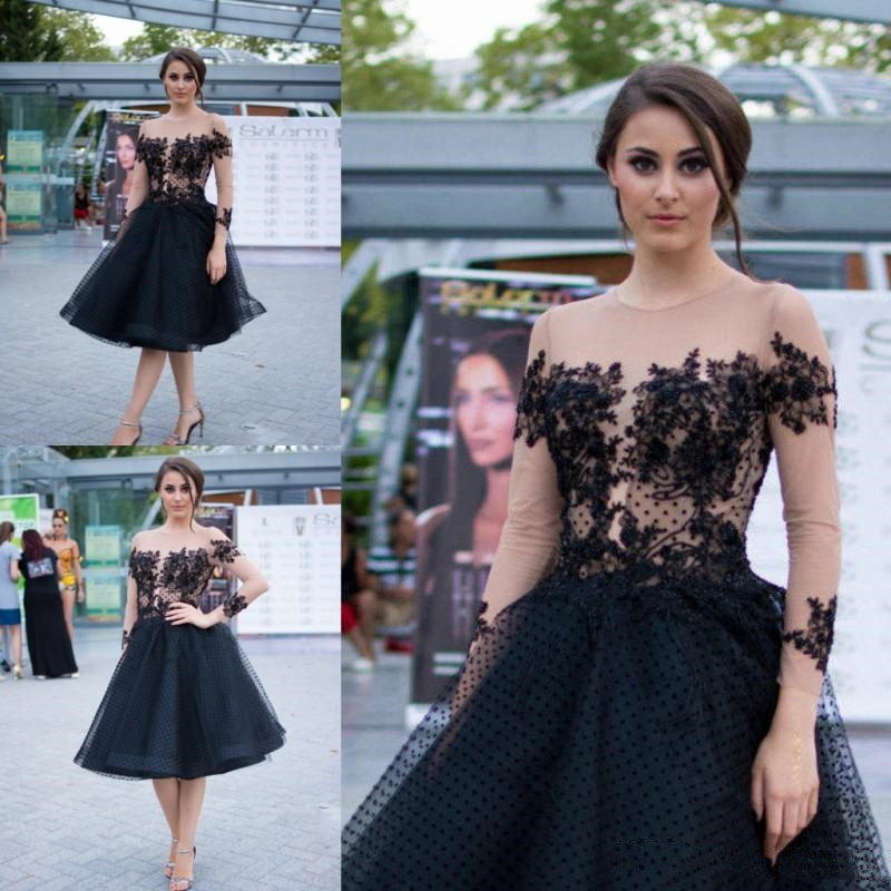 

Long Sleeve Short Prom Dress Illusion Bodice Lace Appliqued Beads Design Knee Length Little Black Dresses, Light purple