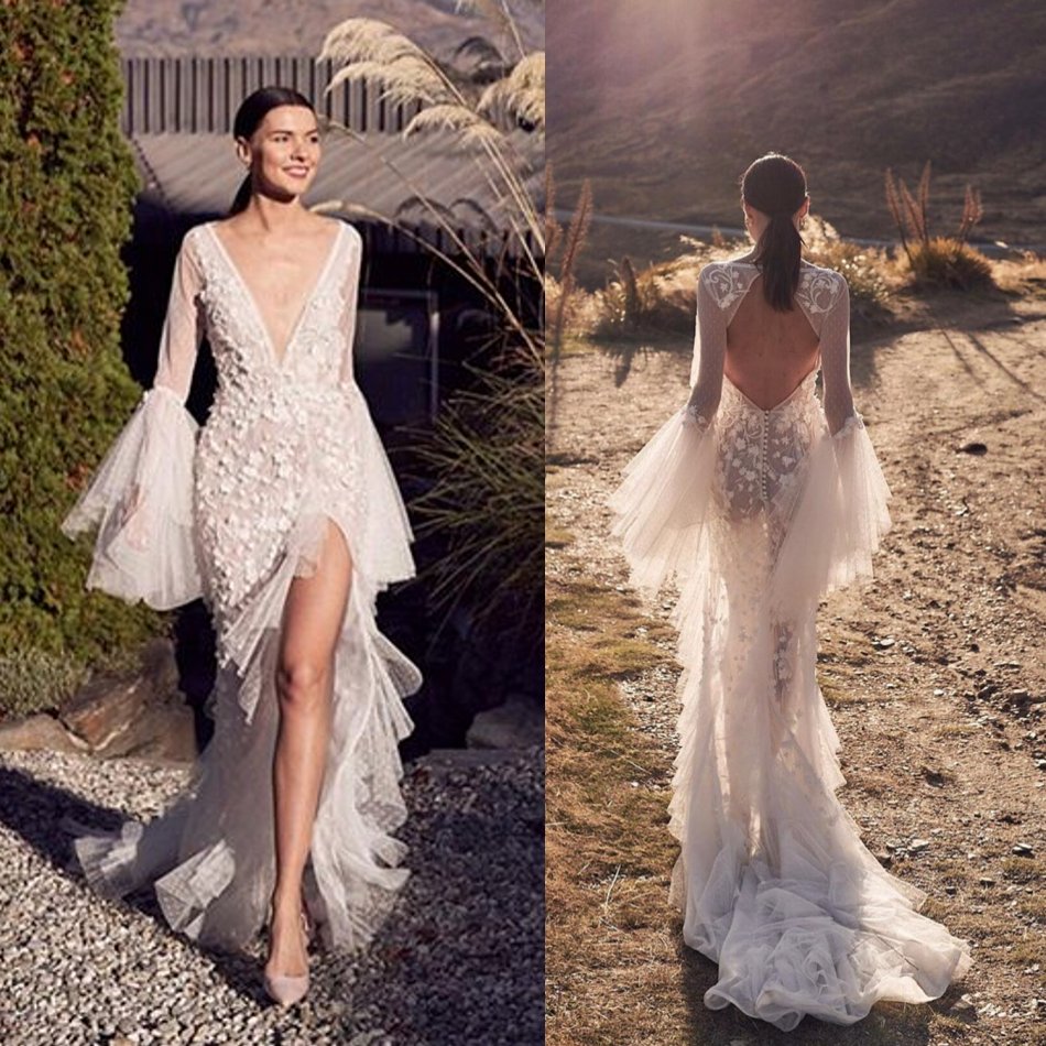 

2019 Mermaid Lace Wedding Dresses Deep V Neck Long Sleeve Side Split Sexy Bridal Dress Hollow Back Sweep Train Beach Wedding Gowns, Champagne