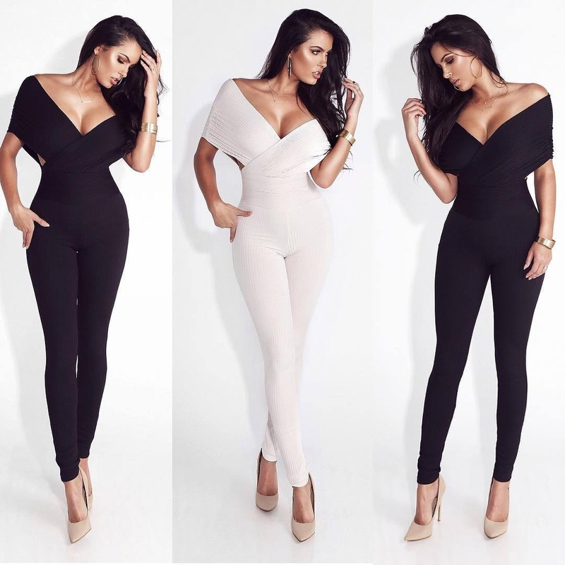 

Sexy Deep V bodycon white jumpsuit clubwear plus size summer elegance black jumpsuit club for women 2020 party ladies