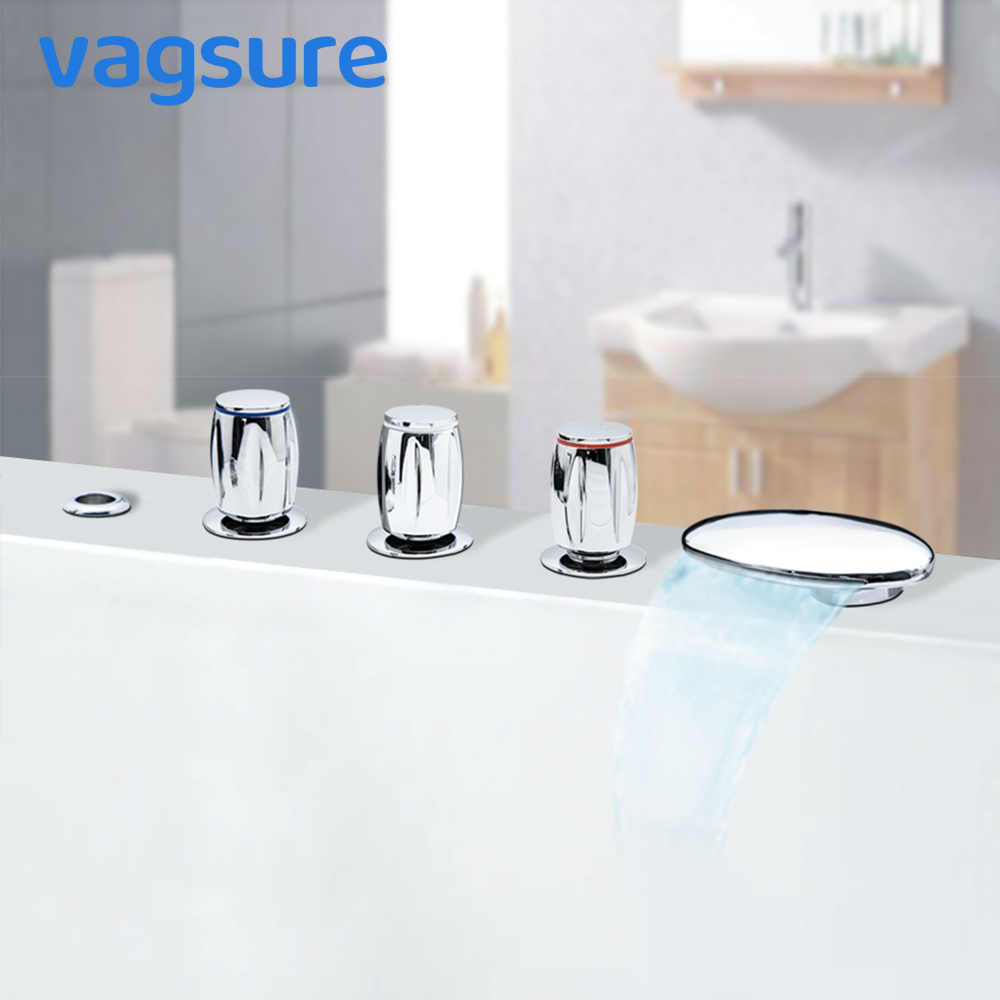 Vagsure Bathtub Faucet Triple Handle Cold and Hot Waterfall Tap Faucet Deck Mounted Bath Mixer Cascade Outlet Faucet-image-470171889
